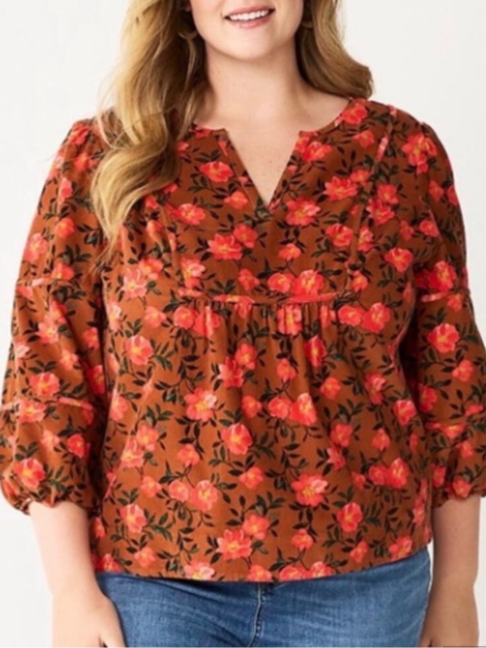Sonoma 5X Floral Corduroy Top 100% Cotton Peasant Babydoll Boho NWT